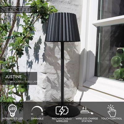 Lucide JUSTINE - Rechargeable Table lamp Indoor/Outdoor - Battery pack - LED Dim. - 1x2W 2700K - IP54 - With wireless charging pad - Black